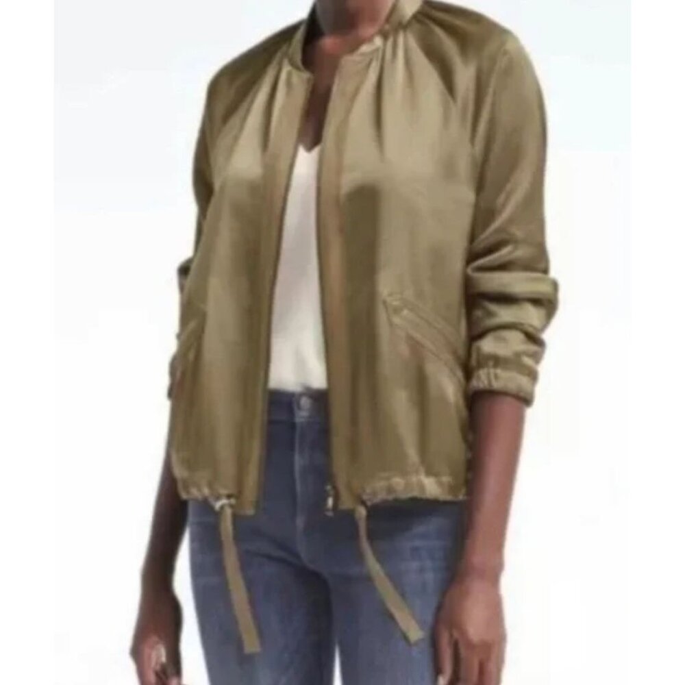 Banana Republic Satin Bomber Jacket Womens XS Green Sporty Chic Streetwear